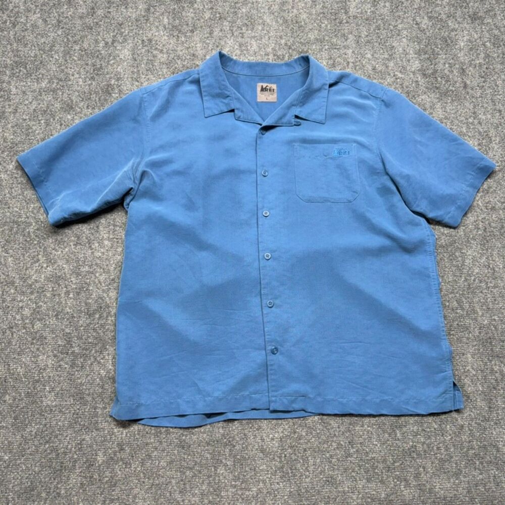 REI Men's Large Blue Modal Rayon Short Sleeve Button Front Camp Shirt Pocket